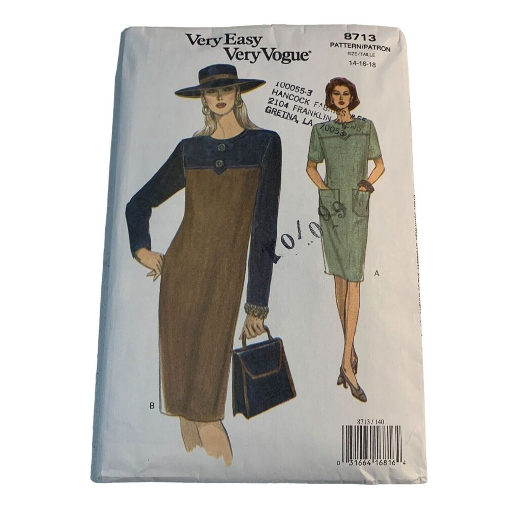 vintage Vogue 8713 sewing pattern dresses 14 16 18 misses very easy uncut 1993